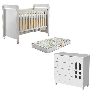 Imagem de Berço Americano Mirelle E Cômoda Infantil Selena Branco Brilho Com Colchão Gazin - Carolina