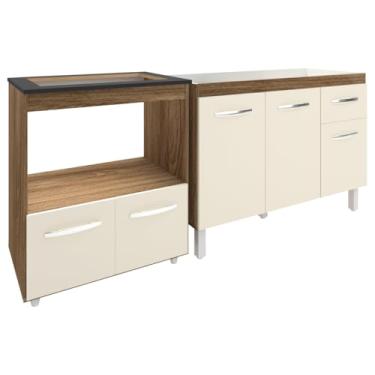 Imagem de Mobília Decor, Cozinha Armário Balcão Gabinete de Pia Aline 120 cm e Balcão Evelyn para Fogão Cooktop 5 Bocas e Forno Savana Off White