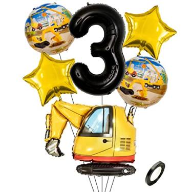 Imagem de Kawailay Construction 3rd Birthday Party Balloons Construction Balloons for 3 Birthday Decoration Jumbo Excavator Bulldozer Foil Balloon 32 Inch Black Number 3 Helium Balloon for Boys Birthday Party