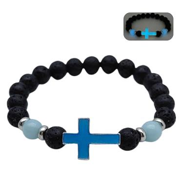 Imagem de GYRMMUE Pulseira luminosa gótica, pulseira de cruz preta vintage natural vulcânica pulseira de contas feita à mão para homens, Large, Pedra, Miçangas