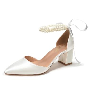 Imagem de Elivandon J1585 Sandália Feminina de Cetim Bico Fino Salto Médio 6cm Bloco Dupla Tira Pérola Noiva Festa Casamento Cor Marfim,Tamanho BR 37/EU 39