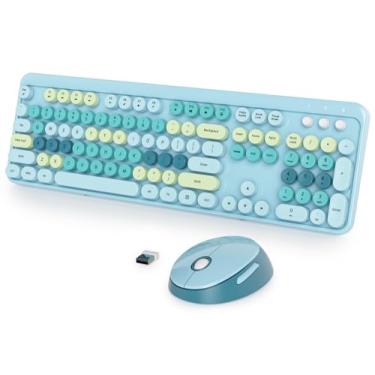 Imagem de Fogruaden Teclado azul e mouse sem fio, teclado retrô de máquina de escrever, 2,4 GHz 104 teclas, teclado bonito tamanho completo com teclado numérico, teclado colorido azul com teclas redondas retrô