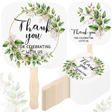 Imagem de Tradder 50 peças de ventiladores de mão de casamento de mão para convidados em massa Obrigado por celebrar conosco Ventilador de papel vegetal com cabo de madeira para cerimônia de casamento presentes de festa de chá de panela