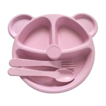 Imagem de Pratinho Infantil Com Divisórias E Talheres Pra Bebê Urso - Facilite.u