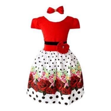 Imagem de Vestido Infantil Vermelho E Branco C/ Rosas E Poa - Pequenos Encantos 