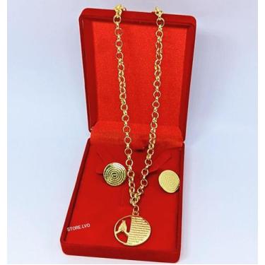 Imagem de Kit Colar e Brincos Corrente Elo Português Folheado Ouro Pingente Meda