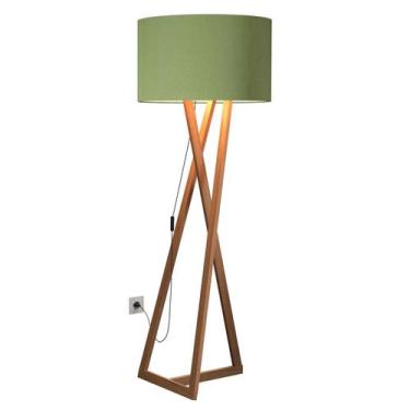 Imagem de Luminária Tripé Moderna Cúpula Linho Bella Pés Em Madeira Abajur Luxo 