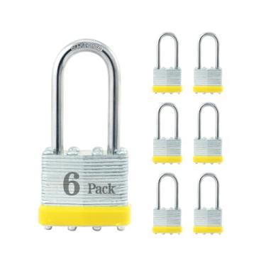 Imagem de ZonRo Cadeados com chave de aço laminado, fechaduras semelhantes com chave, 4 cm de largura, cadeados de manilha longa, pacote com 6, aro amarelo, para trava de ferrolho, galpões, cercas, armário de
