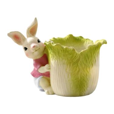 Imagem de Nishiyuenyi Estátua de Vaso de Flores Escultura Animal Desenho Animado Presente Feito à Mão Decoração de Cesta de Flores para Amantes de Plantas Bo, Coelho Repolho