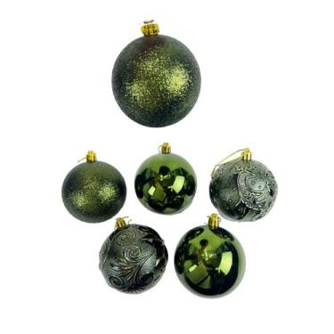Imagem de Kit 6 Bolas de Natal Mista 8cm Lisa Glitter Decorada Verde - YANGZI