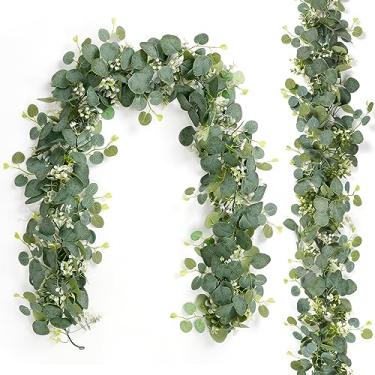 Imagem de TOCHGREEN 2 Peças Guirlanda de Eucalipto Artificial 5,9 Pés Falso Dólar de Prata Vegetação Guirlanda Videiras com Flor Branca Buxo Plantas Suspensas Falsas para Casamento Casa Festa Mesa Manto Decoraç