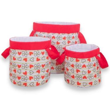 Imagem de Kit Cesto Organizador Infantil Joaninha Floral Vermelho - Miguel Baby