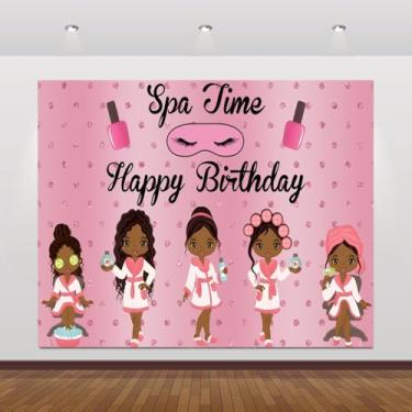 Imagem de hraiufc Cenário temático de spa feliz aniversário para meninas mulheres 3 x 2 m rosa princesa cosméticos maquiagem spa festa fotografia pano de fundo rosa glitter salão spa dia festa decoração de