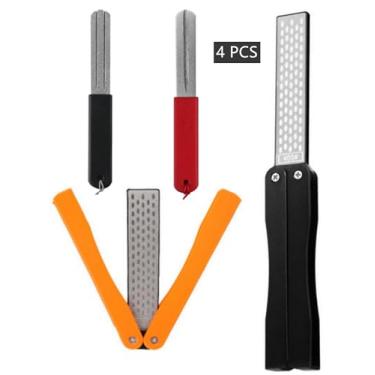 Imagem de XILEWHZF 4 peças, gramatura 400/600, portátil, dupla face, afiador de faca de diamante, pedra de amolar para cozinha, jardim, ferramentas ao ar livre, moagem fina/grossa (preto/laranja/preto/vermelho)