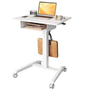 Imagem de JOY worker Mesa de laptop com rodinhas de altura ajustável com prateleira, mesa móvel para laptop, pneumática com rodas para sofá, escritório em casa, escola, comporta até 10 kg, branca