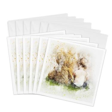 Imagem de 3dRose Cartões comemorativos - Imagem de menino pequeno e urso de pelúcia gigante sentado juntos - 15,24 x 15,24 cm, conjunto de 6 (gc_279882_1)