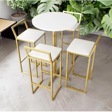 Imagem de Jogo Mesa Alta Bistrô Redonda Branca 4 Banquetas Estofado Confort Industrial Dourado (Laca Branca)