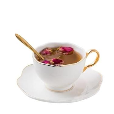 Imagem de Pfedxoon Xícara de café com pires e colher para xícaras latte americanas com pires xícaras de chá de porcelana, xícaras e pires com bordas e alças banhadas a ouro (branca-A)