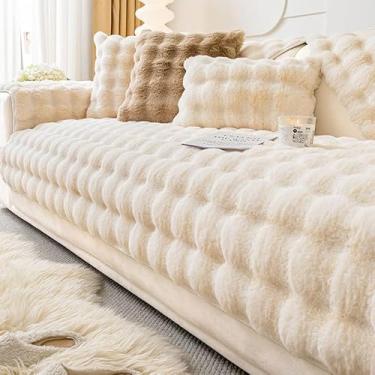 Imagem de Capa de sofá de pelúcia de coelho grosso premium, 1-3 lugares, opção em formato de L, pele sintética macia, antiderrapante, capa de móveis durável para sala de estar(Beige,110 * 160cm/43 * 63in)