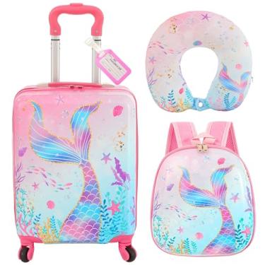 Imagem de Sanwuta Conjunto de 4 peças de bagagem infantil, mochila com rodinhas com rodas, travesseiro em forma de U para meninas, meninos, conjunto de bagagem de viagem, Azul, roxo, 17 Inch, Estilo cauda de