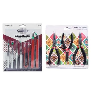Imagem de Kit 3 Alicates Bijoux Profissional ou Amador + Kit Jogo Pinças 7 Peças Vermelho para Artesanato, Eletrônica e Costura Ferramenta Indispensável Para Quem Busca Precisão, Durabilidade E Conforto