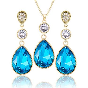 Imagem de Qinpan 18 * 13 mm pingente de cristal gota gota pingente pingente colar e brincos conjunto de joias para mulheres fantasia banhado a ouro, 38*14.5mm, Ouro amarelo, Cristal