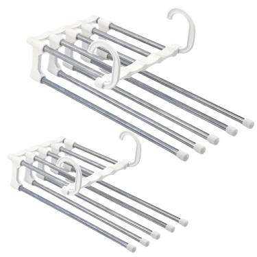 Imagem de Kit com 2 Cabides de Metal Inoxidável para Pendurar Calças, 5 Espaços Horizontal Vertical Cabide Multifuncional Dobrável Inox Calça 5 Divisórias Organizador Cabide Calças Multiuso Cabideiro