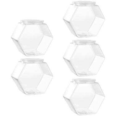 Imagem de SEUNMUK 5 recipientes hexagonais transparentes de 822 g para doces, potes de doces de plástico com tampas, recipientes hexagonais para exibição de bancada para lanches, biscoitos