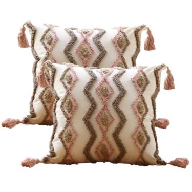 Imagem de Andreannie Pacote com 2 capas de almofada Boho Tufting bordadas texturizadas com borlas macias para decoração de casa para sofá 45,7 x 45,7 cm (rosa, 45,7 x 45,7 cm)