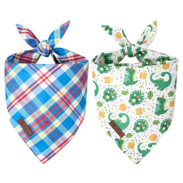 Imagem de DOGWONG Bandanas para meninos e cães, pacote com 2, estampa xadrez azul dinossauro triângulo reversível coelho cenoura bandana masculina durável para cães pequenos e médios (pequeno)