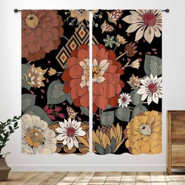 Imagem de Cortinas de quarto florais boho, folhas tropicais rústicas, flores boêmias, mandala, plantas, botânica, primavera, sala de estar, tratamento de janela, conjunto de 2 painéis, 106 x 113 cm