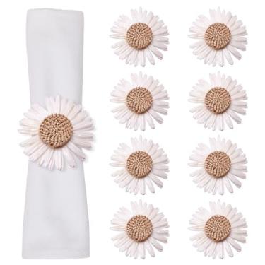 Imagem de Conjunto de 8 anéis de guardanapo de girassol tecido, anel de guardanapo de margarida branca sintética feita à mão, suporte de fivelas de servette de fio de algodão trançado para mesa de jantar