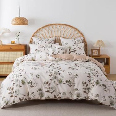 Imagem de FADFAY Conjunto de capa de edredom floral tamanho casal 100% algodão rosas verdes padrão de flores bege capa de edredom vintage campo para todas as estações, capa de cama macia e reversível 3 peças
