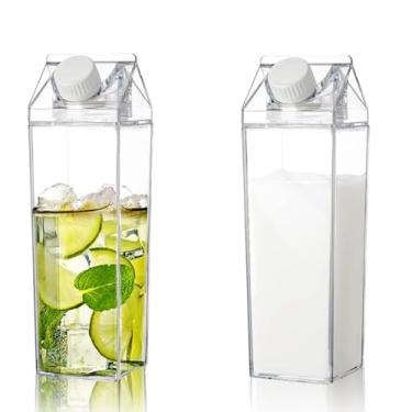 Imagem de QuZCarious Pacote com 2 garrafas de água de caixa de leite, caixa de leite de plástico transparente reutilizável de 500 ml, garrafa de suco quadrada portátil para esportes ao ar livre, viagens