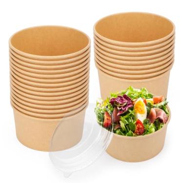 Imagem de Pacote com 25 tigelas redondas de papel Kraft descartáveis, recipientes de alimentos descartáveis com tampas para salada dietética, sorvete, iogurte, comida de festa para festas e eventos