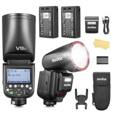 Imagem de Godox V1proS com 2 baterias V1 Pro S versão EUA cabeça redonda flash de câmera 2980mAh 76W com SU-1 1/8000s HSS 1.3s Tempo de reciclagem 2.4G Wireless TTL 500 potência total para Sony ZV-E10, Alpha