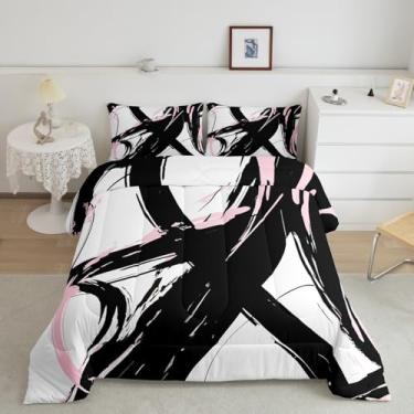 Imagem de Feelyou Conjunto de edredom de linha de arte abstrata rosa e preto, moderno, tamanho queen, para crianças, meninos, meninas, minimalista, linha de tinta, edredom de microfibra macia