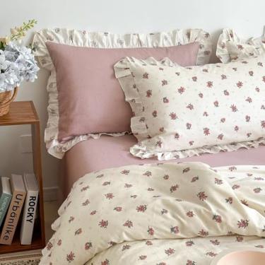 Imagem de MKXI Conjunto de capa de edredom floral tamanho casal - 3 peças de roupa de cama branca com babados e flores botânicas vermelhas, capa de edredom e fronhas macias 100% algodão, estética chique e