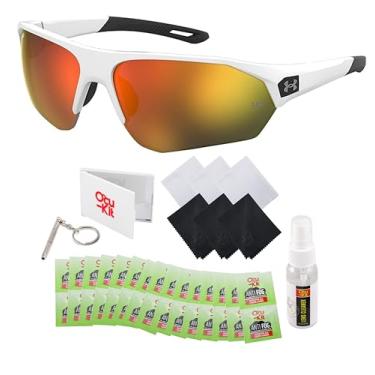 Imagem de Ocu-Kit Under Armour Óculos de sol masculino Playmaker 0001/G/S armação branca 04NL/50 lentes laranja 72 mm meia-borda – Pacote de cuidados com óculos, Branco, 72-10-130