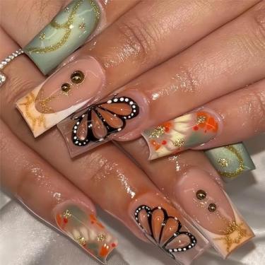 Imagem de RTKHFZE Unhas Postiças De Pressão Borboleta, Longas, Quadradas, Ponta Francesa Falsa Com Design Borboleta 3D E Ombré, Acrílico, Bastão Para Mulheres, 24 Peças