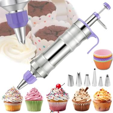 Imagem de Novano Conjunto de seringas para decoração de sobremesa, kit de tubulação de cobertura de aço inoxidável, kit de decoração de bolo com 6 pontas de confeitar e 9 cupcakes de silicone, kit de decoração