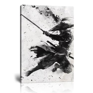 Imagem de Samurai Japonês Arte de Parede Samurai Figura Espada Guerreiro Pôsteres de Parede Preto e Branco Quadro de Combate Moderno Pintura em Aquarela para Sala de Estar Escritório Tema Japão Dormitório Homem