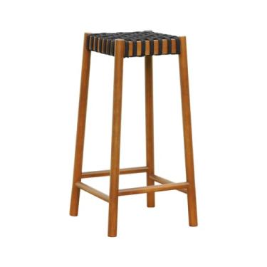 Imagem de Banco Alto Amber Madeira Maciça - Amêndoa Trançado Corda na cor Preta