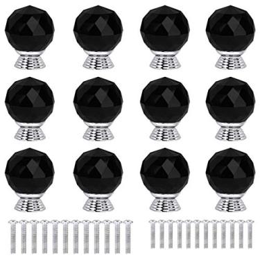 Imagem de ANJUU 12 maçanetas de armário de vidro de cristal de formato redondo de 30 mm com parafusos, puxador de gaveta usado para cozinha, cômoda, porta, armário (preto)