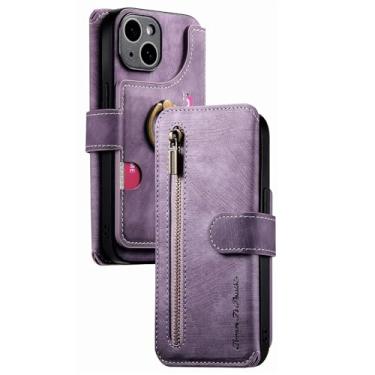 Imagem de POYUFRG Capa flip para iPhone 16 Pro Max/16 Pro/16 Plus/16, carteira de couro com zíper de alta capacidade com suporte de metal, capa de proteção para câmera, roxa, 16 ProMax