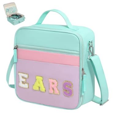 Imagem de WOOMADA Estojo de viagem com orelhas de rato com laço de letras, suporte de faixa de cabeça e bolsa organizadora de acessórios de cabelo para mulheres (turquesa)