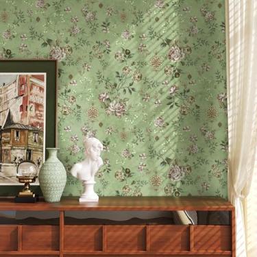 Imagem de VaryPaper Papel de parede floral vintage verde sálvia vintage 44 x 190 cm, papel de contato floral decorativo para paredes, armários, mural de parede autoadesivo removível, papel de parede de vinil
