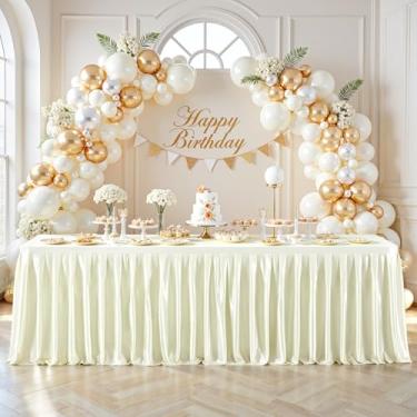 Imagem de Toalha de mesa com glitter marfim para mesas retangulares de 1,2 m, saia de mesa de festa brilhante com babados, resistente a rugas, saia de mesa de cetim lavável para feiras, festas, aniversário