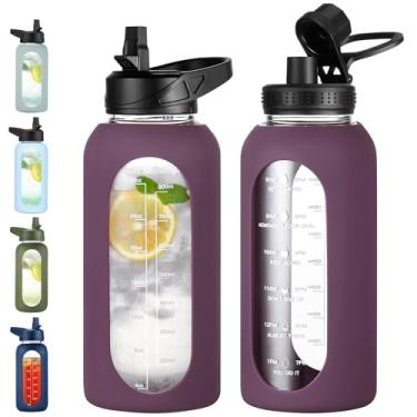 Imagem de EALGRO Garrafa de água de vidro de 946 ml com canudo e alça, frasco de água motivacional esportivo com manga de silicone, copo grande à prova de vazamento com marcador de tempo para viagem, academia