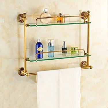 Imagem de Prateleiras De Armazenamento Fixadas Na Parede, Prateleira De Vidro Temperado Com Barra De Toalha, Armário De Armazenamento Retangular De Latão Antigo, Rack De Cozinha De 2 Camadas, 35cm